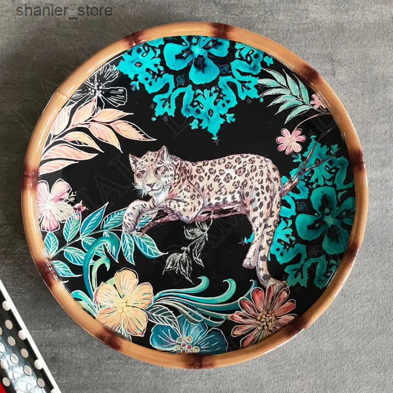 Dishes Plates Creative Ceramic Board Paint Jungle Leopard Fruit Salad Plate Living Room Double Ear Fruit Plate European Kitchen Dining Table L240910