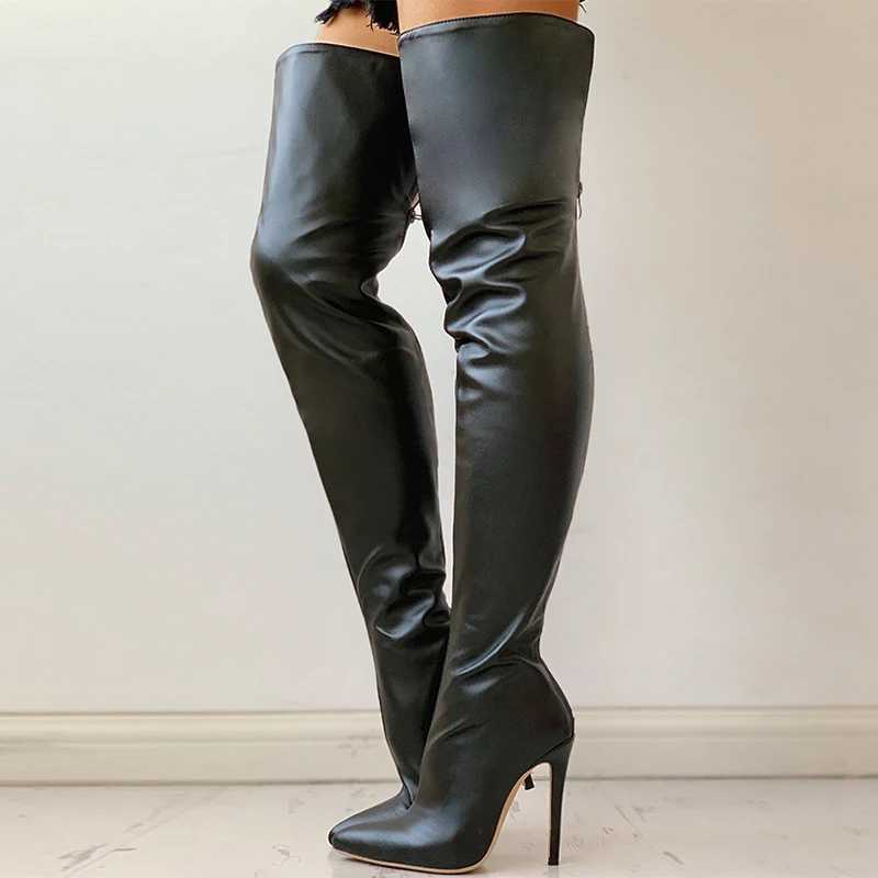 High Quality High H Wen Over The Knee Boots with straps and zippered toe points large size 46 slim high heels womens shoes T241206