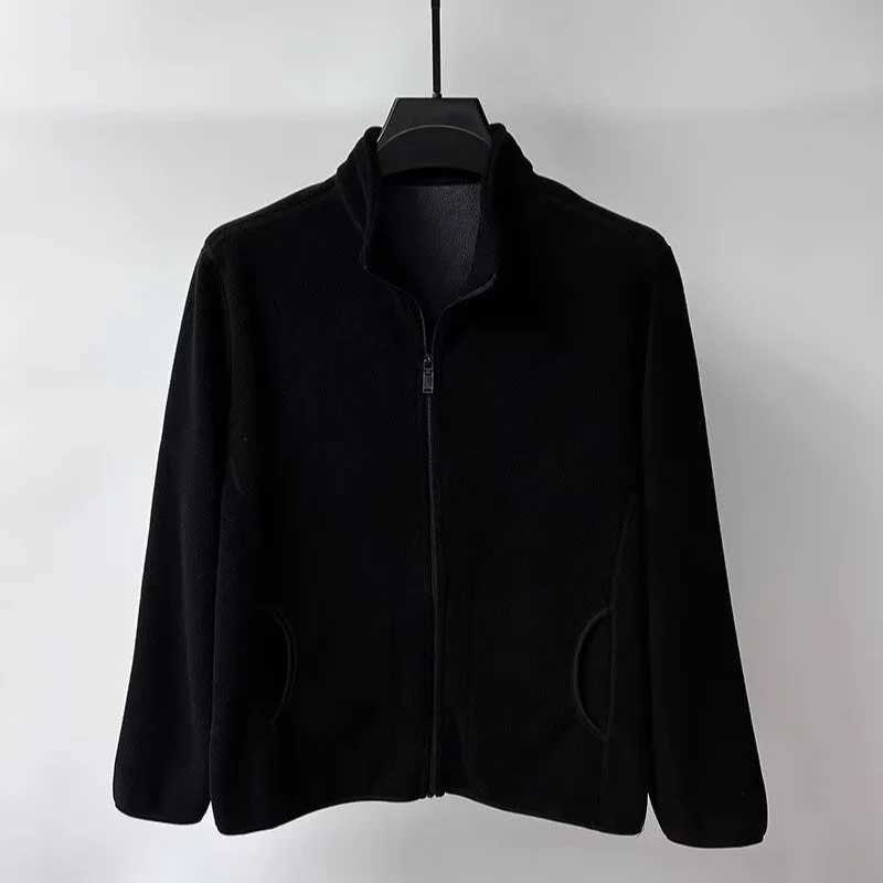 Autumn Polar Fleece Cardigan Sweatshirts Mens Stand Up Collar Zipper Jackets Y2K Vintage Solid Color Coats Basic TracksuitXJ241206