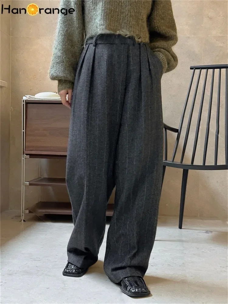 HanOrange Winter Fashion Modern Wide Leg Woolen Pants for Women Loose Warm and Comfortable Trouser Womens Black Grey/Coffee 241202