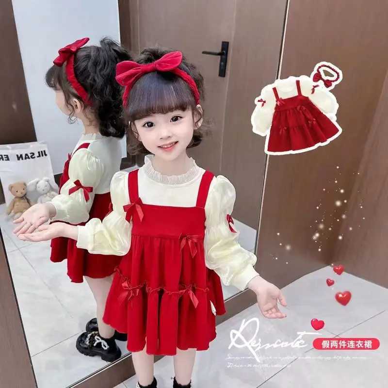 2024Spring and Autumn New Princess Dress Fashionable Korean Sle Fake Two Pieces New Year Clothes1Y-6YXJ241206