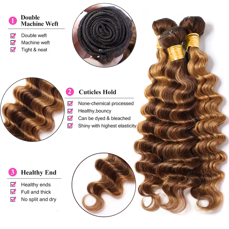 P4/27 Deep Wave Highlighted Human Bundles Honey Brown Curly Weaves 3 Bundle Deals Virgin Hair Extension For Ponytails