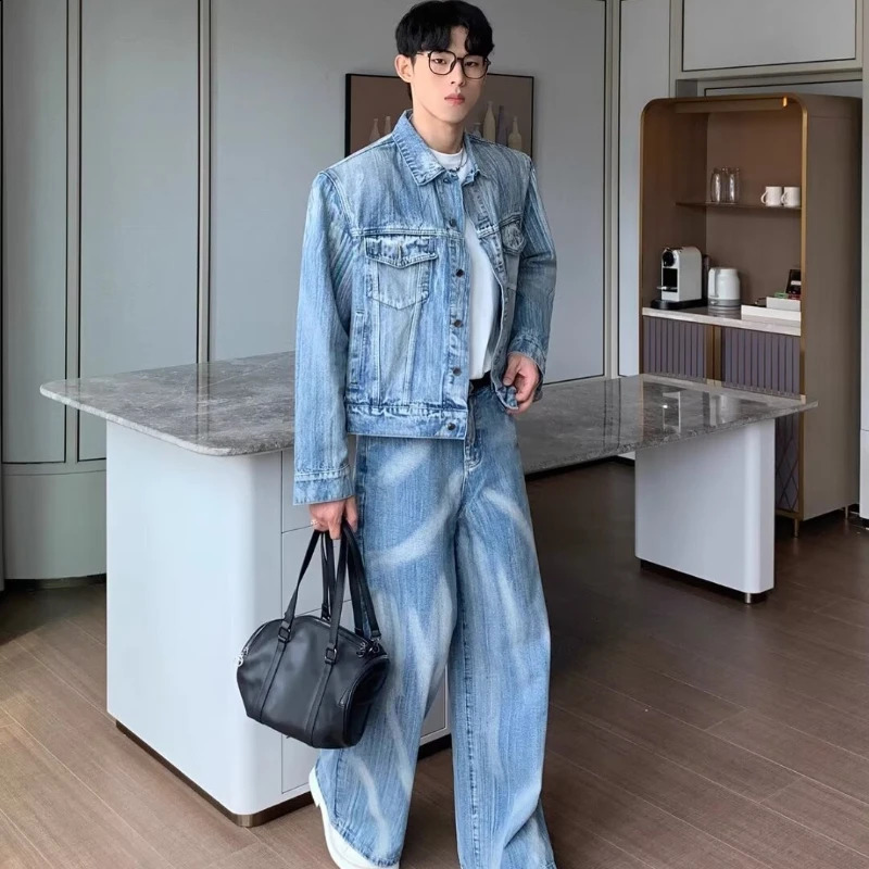 Trendy Hip Hop Mens Cowboy Suit High Street Tie Dye Blue Unisex 2pcs Set Y2k Punk Denim JacketStraight Leg Jeans Sets 2024 241205