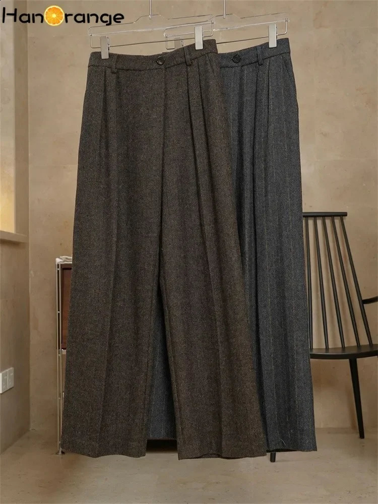 HanOrange Winter Fashion Modern Wide Leg Woolen Pants for Women Loose Warm and Comfortable Trouser Womens Black Grey/Coffee 241202