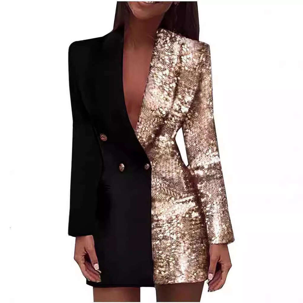 2025 autumn European and American red sequined patchwork trend V-neck long sleeved slim fit professional dress 2024 new casual versatile fashion cloth