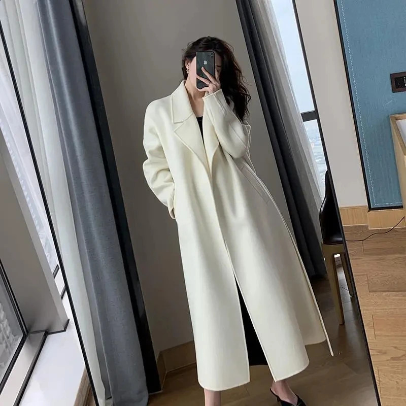 Elegant Midi Wool Blends Coat Women Korean Thicken Long Bandage Jackets Oversized Lace Up Outwear White Cardigan Woolen Overcoat 241205