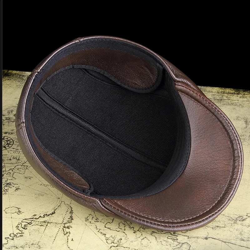 Mens one layer denim leather hat winter beret mens warm ear protection hat 100% genuine leather dad hat wholesale casual 241204