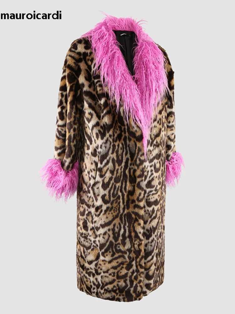 Mauroicardi Winter Long Thick Warm Colorful Leopard Print Patchwork Faux Fur Coat Women Luxury Designer European Clothes 2024XJ241206