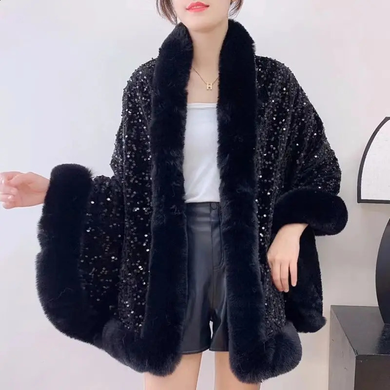 Womens Autumn Winter Fashion Sequined Cape Coat Women With Thicken Shawl Fur Collar Jacket Female Versatile Outerwear 2702 241204