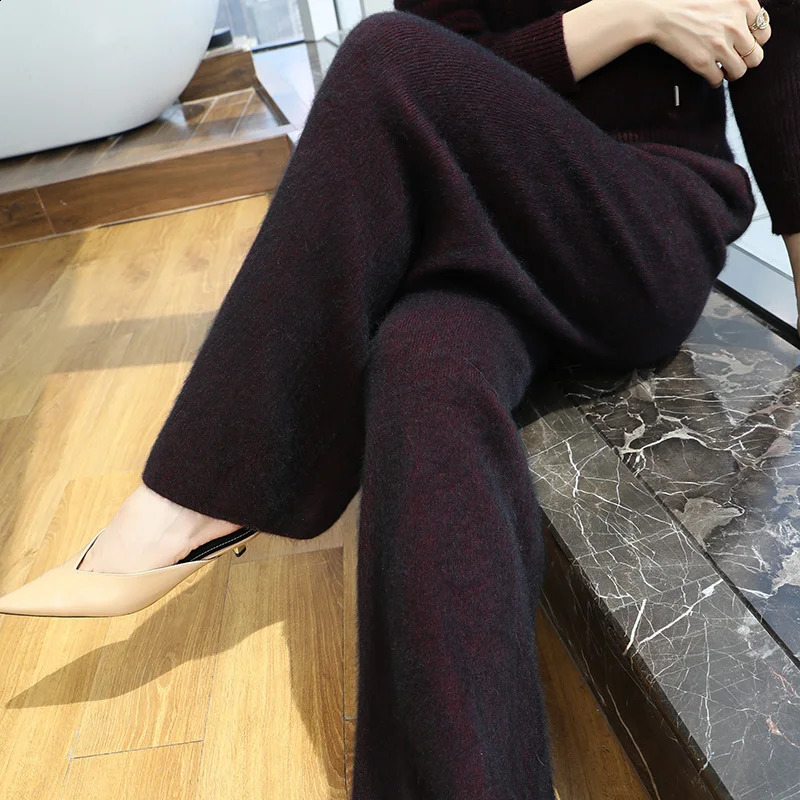 Mink cashmere pants for women in autumn and winter high waisted straight pants fashionable and casual knitted wide leg pants mop pants 241202