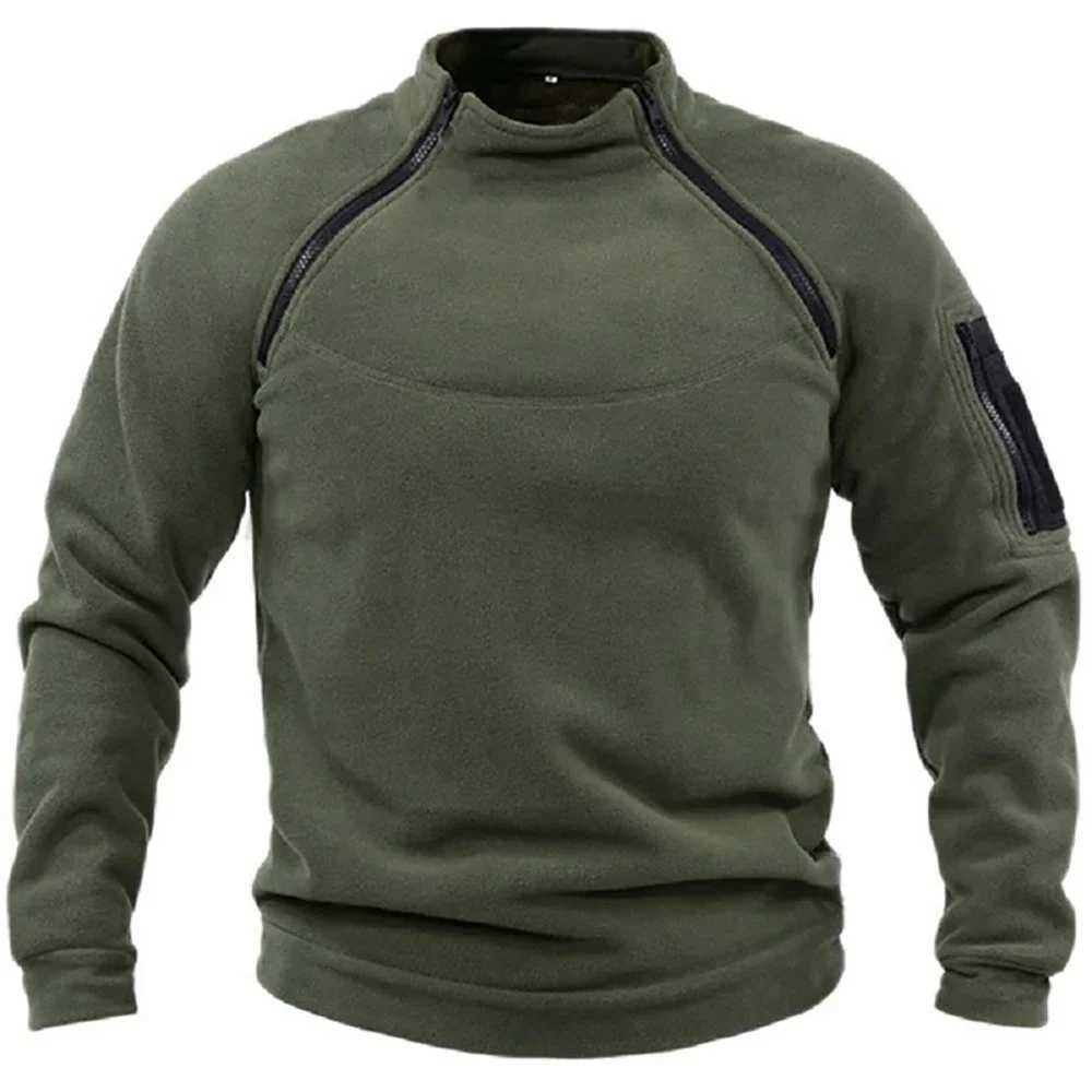 Mens Fleece Windproof Jacket Solid Color Tactical Outdoor Pullover Loose Casual Standing Collar Sweatshirt Thick Sportwear TopsXJ241206