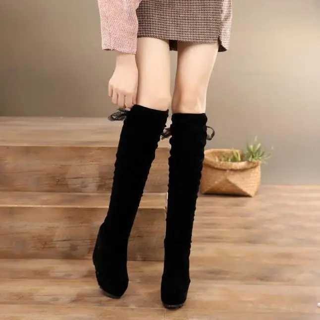 High Quality Black Boots Wedge Shoes Winter Shoes Sexy Thick H High Sexy Boots Warm Autumn Over Knee Women Increase T241206