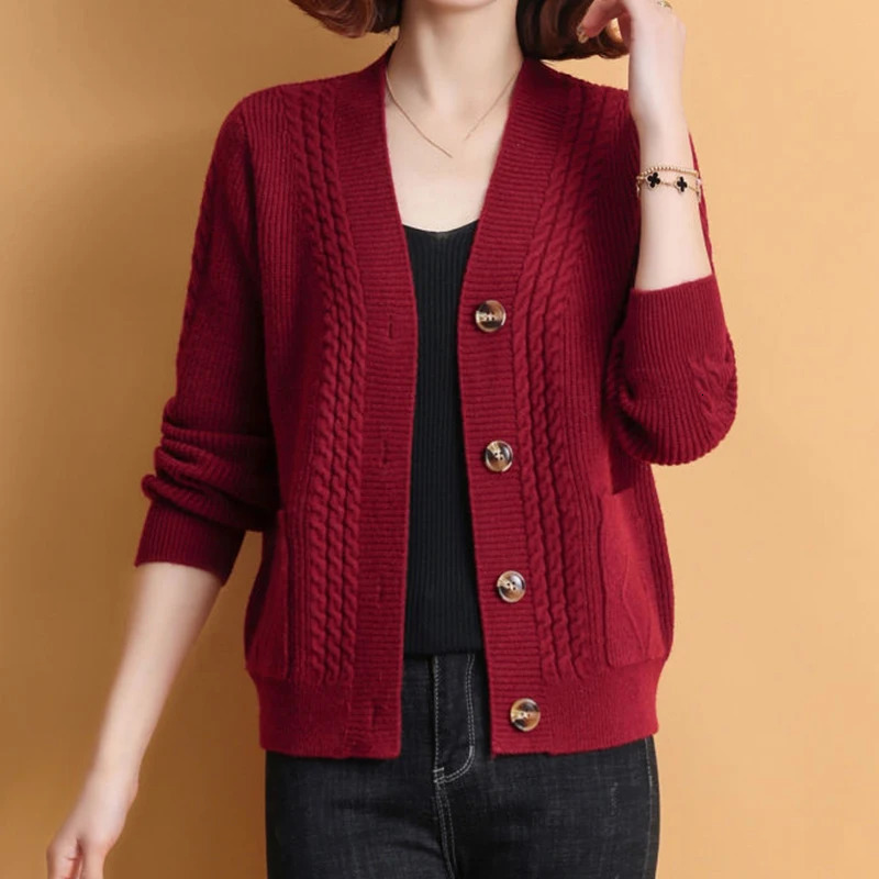 Rimocy autumn and winter knitted cardigan womens 2024 single chest Vneck sweater solid color long sleeved Jumoer jacket unprinted good product 241206