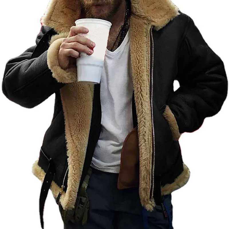Mens Winter Thicken Lamb Wool Jacket Fashion Charming Lapel Windproof Motorcycle Leather Jacket Casual High Quality Warm CoatXJ241206