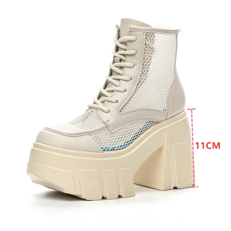 AIYUQI Summer Boots Female Genuine Leather Mesh Women Shoes Boots 11cm Height Platform High Heel Cool Boots Women