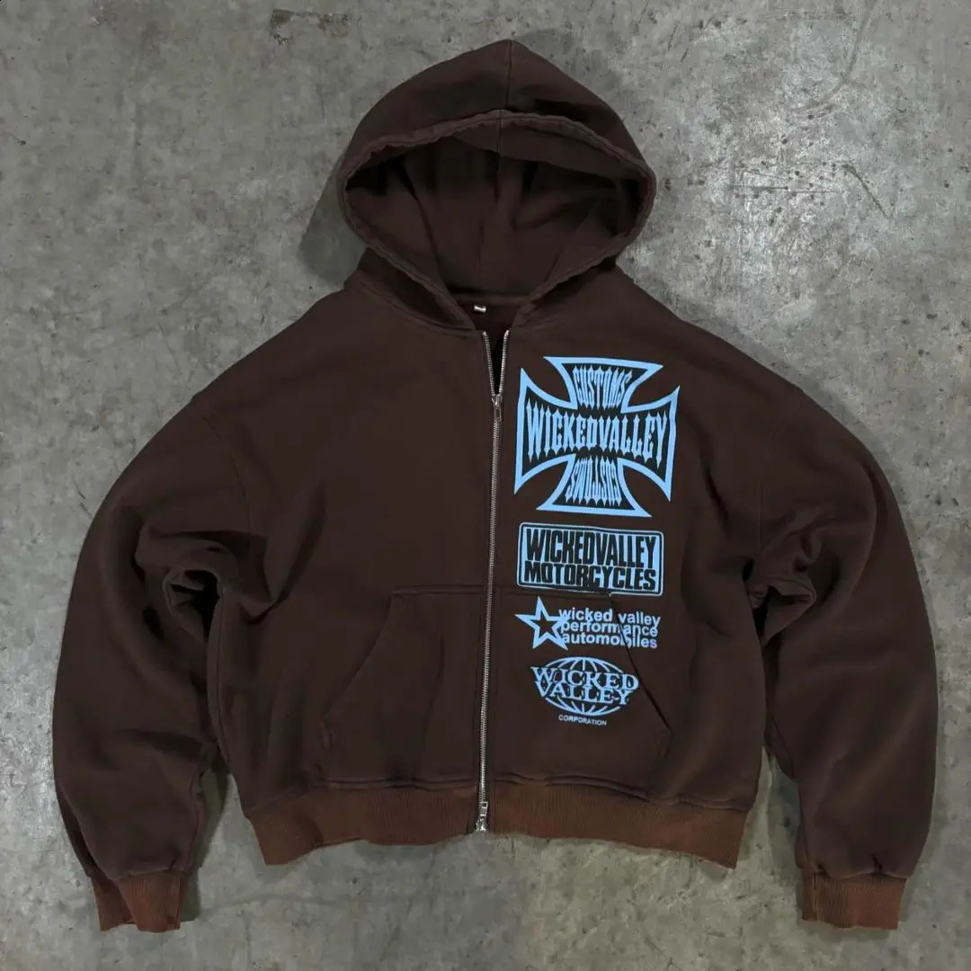 2024 AutumnWinter American Printed Zipper Hoodie Coat y2k Harajuku Goth Streetwear Tops 240830