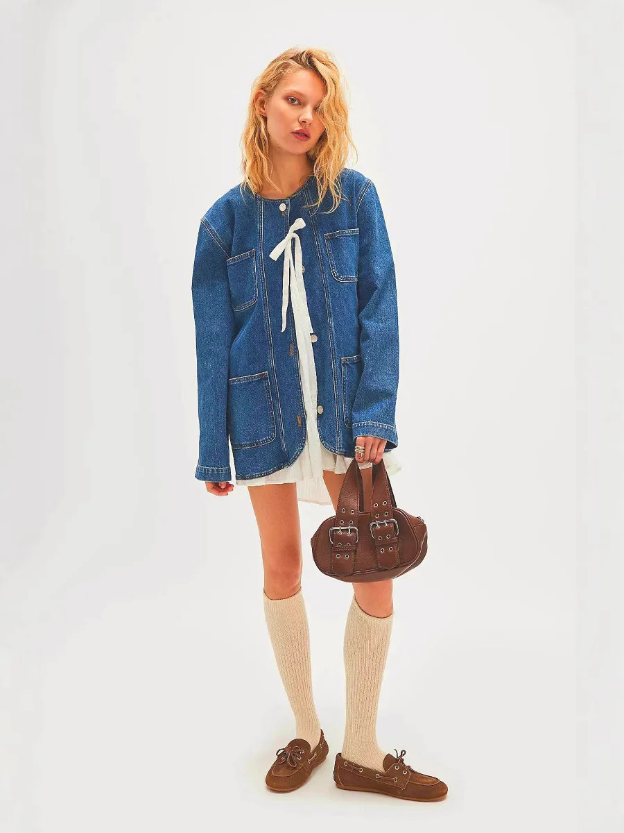 2024 Fashion Tie Womens Denim Shirt Solid Color Long Sleeve Jeans Top Spring Autumn Casual Street Clothing 241206