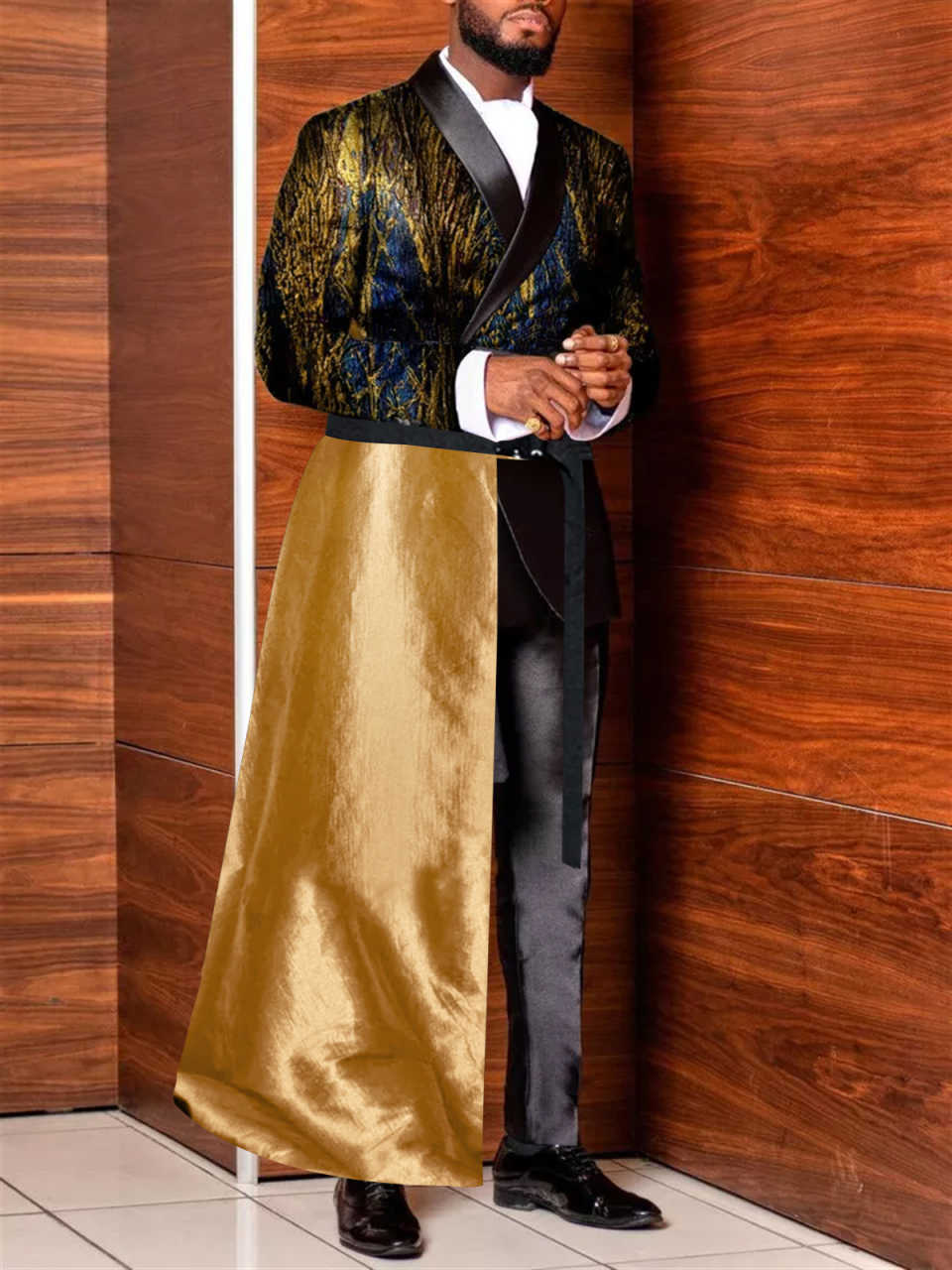 Customized Mens Royal Satin Suits Jacket Pant with Long Cape Fashion Formal Party Wear Wedding Tuxedos 2 Pieces