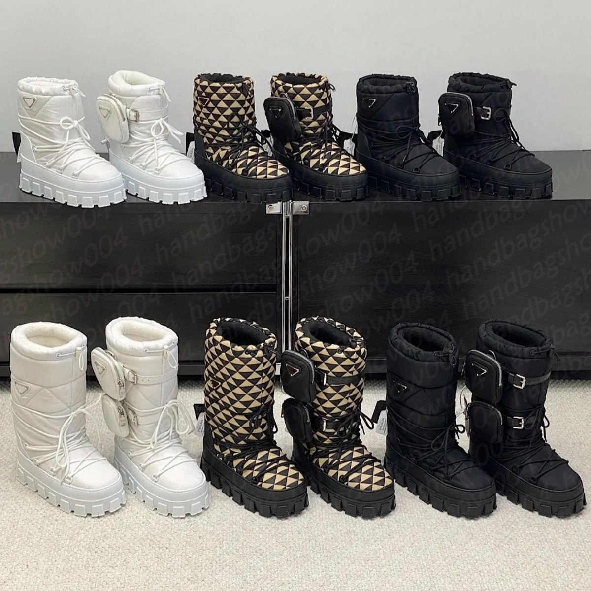 Pouch Ankle Boots winter Nylon woman snow boot Metal Gear thick-soled Shrink lace-up triangle gabardine apres ski Shearling Upper designer booties Rubber Sole