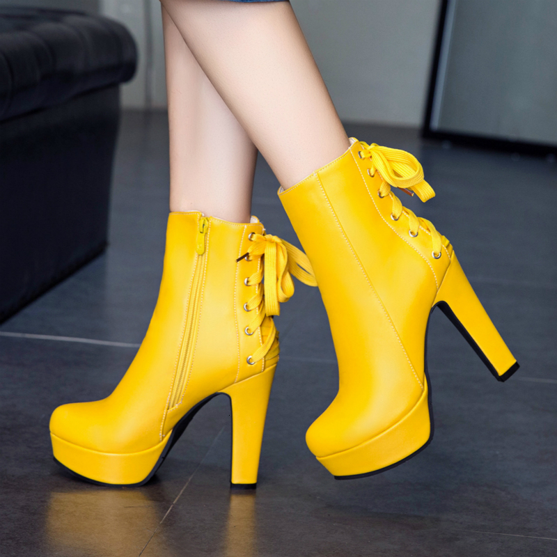Fashion Ankle Boots For Women 2024 Lace Up Winter Short Boot Platform High Heel White Yellow Black Party Shoes Lady Large Size