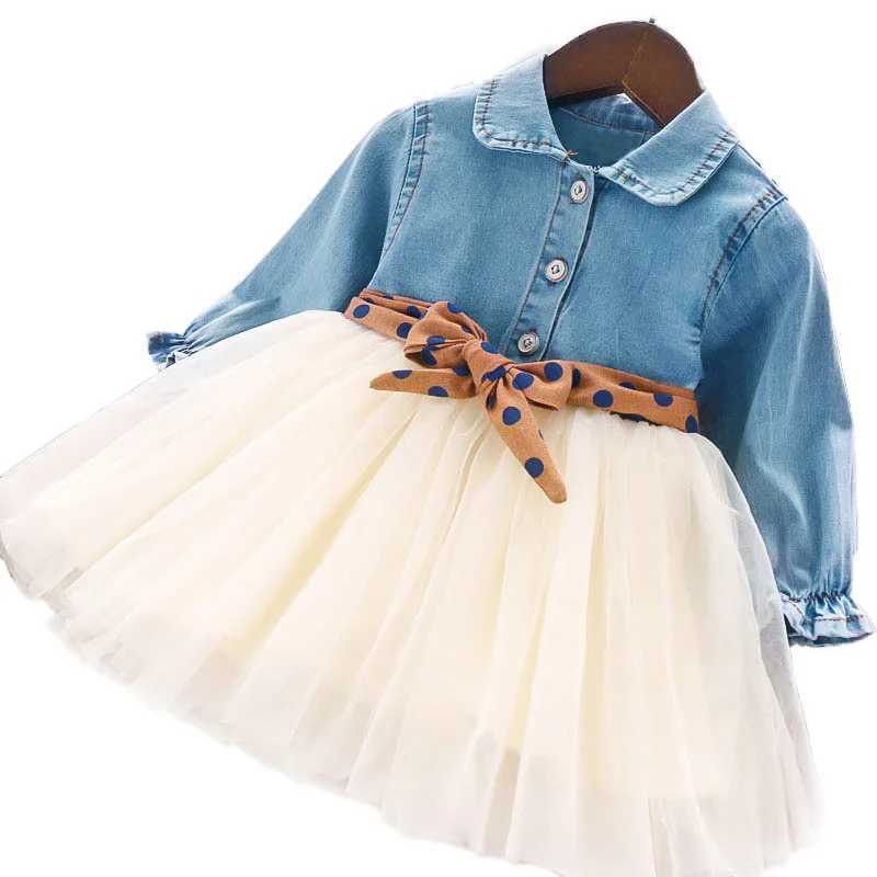 Spring Autumn Girls Dress Korean Version Denim Stitching Mesh Dress + Detachable Polka Dot Belt Suit DressXJ241206