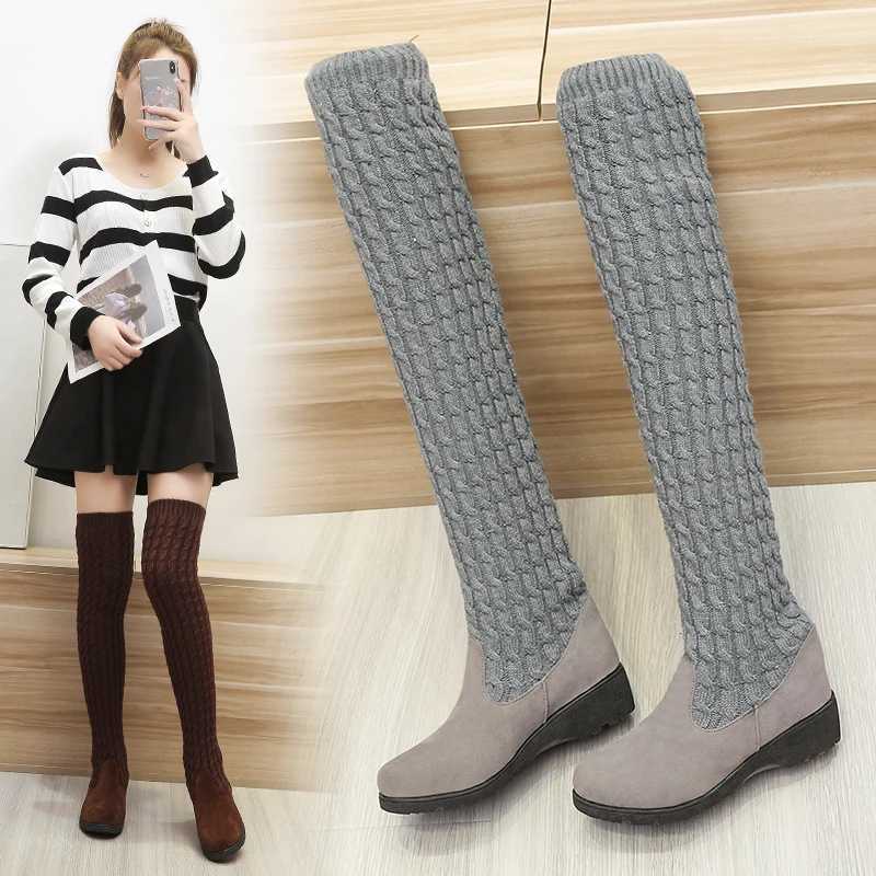 High Quality autumn and winter warm elastic socks boots knee knitted high boots casual black girls Kaii Lg boots T241206