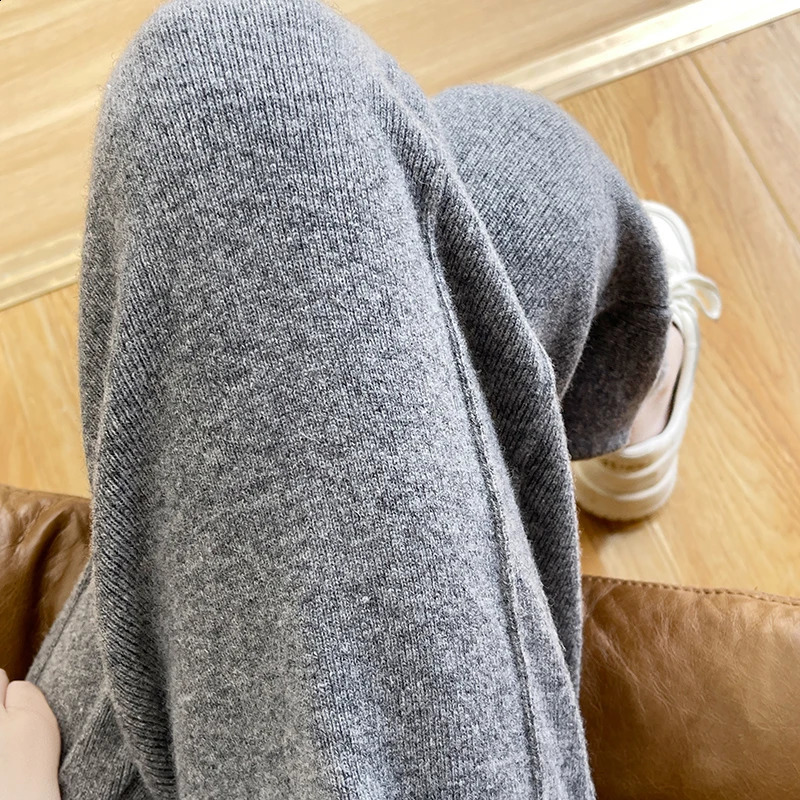 100% Womens Merino Wool Knitted Autumn/Winter Pants Solid Color Elastic Waist Fashion Casual Wool Long Legs 241202