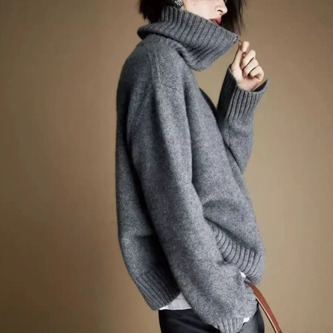 WinvyNee Womens Clothing 100% Wool Gray Sweater Half Zip Collar Loose Casual Pullovers Outerwears Plus Size Winter A1283001 241203