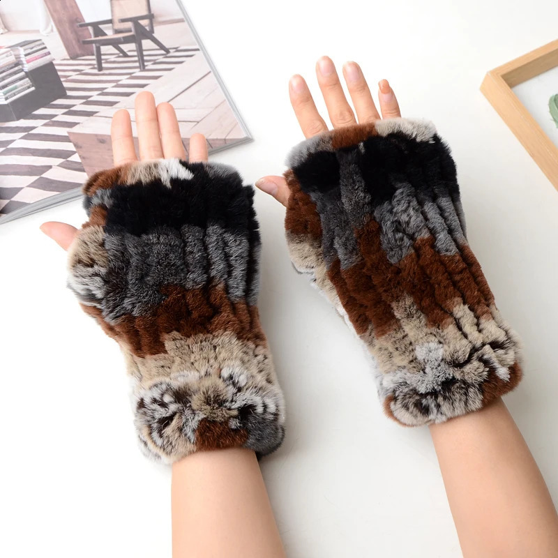 Womens 100% Genuine Knitted Rex Rabbit Fur Gloves Winter Warm Womens Genuine Fur Fingerless Gloves Hand Knitted Fur Gloves 241206