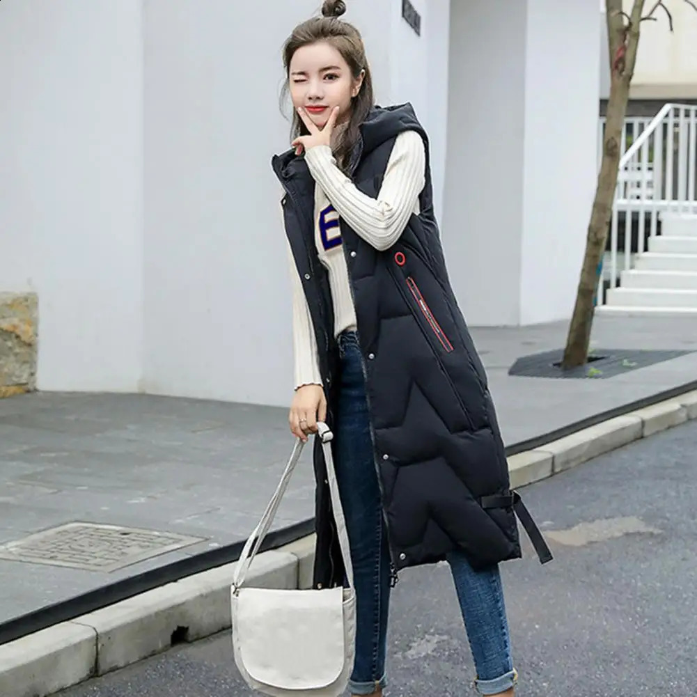 Winter Women Waistcoat Thickened Padded Hooded Sleeveless Long Vest Coat Solid Color Windproof Heat Retention Outdoor Down 241205