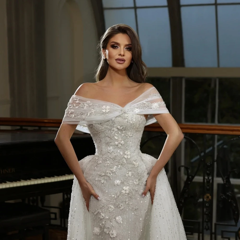 ful Off The Shoulder Bridal Dress Sequins Wedding Gown Dubai Detachable Train Appliques Mermaid Bride Robe Vestido De Novia