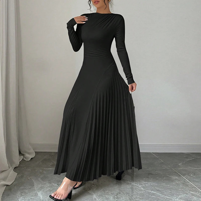 Autumn and Winter Simple Solid Color Knitted Dress Womens O-neck Long Sleeve Folded Office Dress Elegant Ultra Thin Robe Dress Vestido 241205