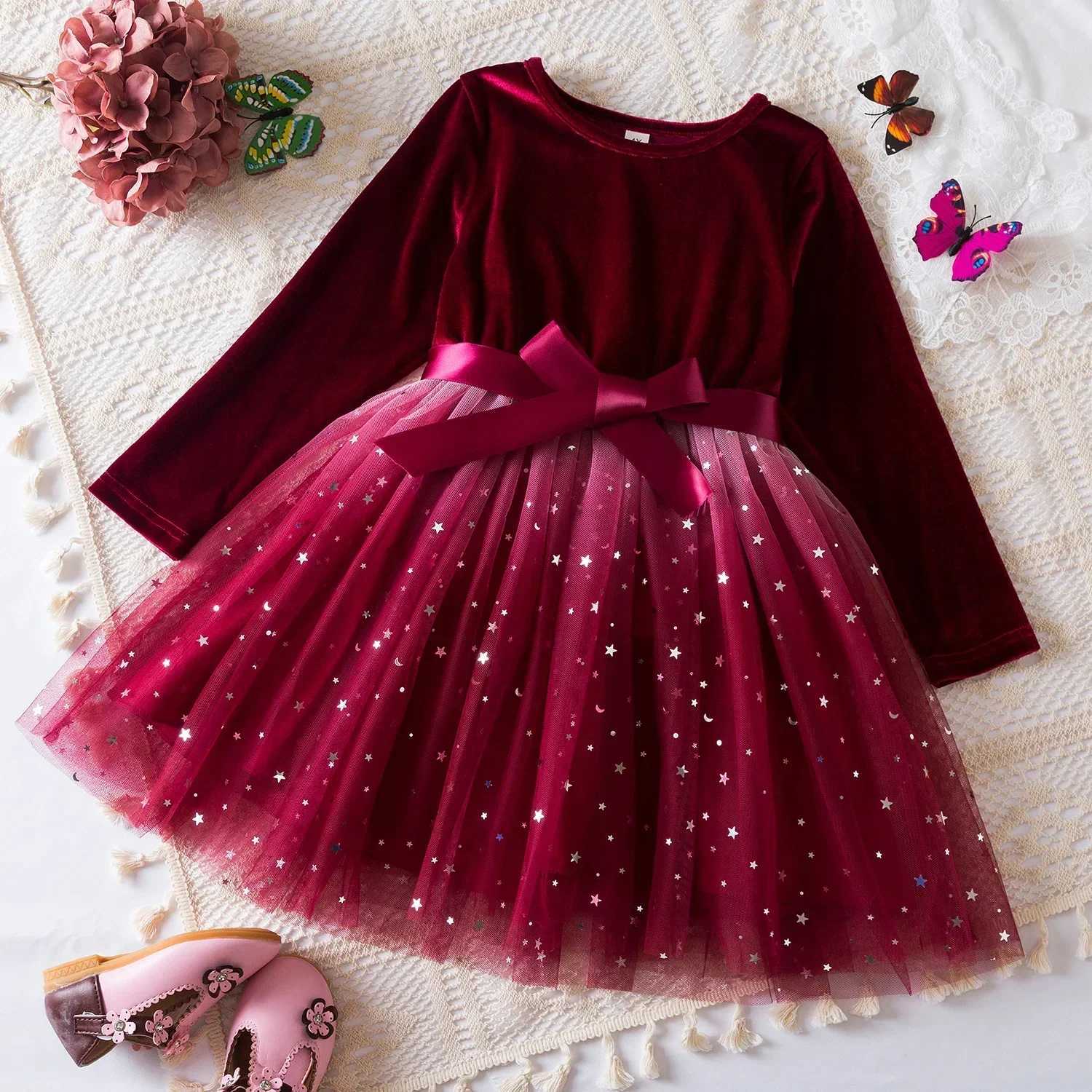 Kids Girls Red Christmas Dress New Sequin Birthday Princess Dress Bow Long Sleeve Mesh Casual Dress Children Autumn Clothes 3-8YXJ241206