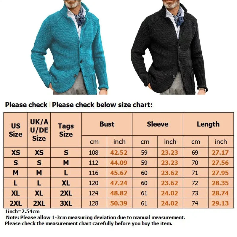 Mens Thicken Knitted Cardigan Sweater Autumn Winter Solid Color Fashion Slim Longsleeved Standup Collar Knitting Jacket Coat 241205Z