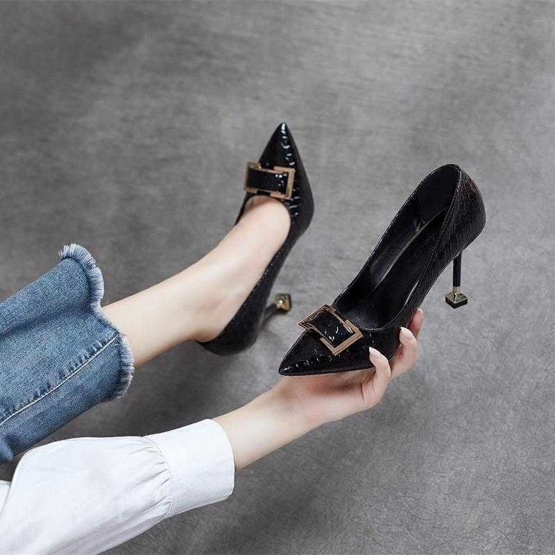 Heart Orchid Snake Pattern Buckle Thin Heel Solid Color Sexy High Heels Womens Daily Commuting Work Shoes Plus Large Size Fat Feet