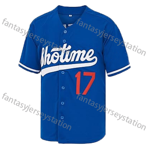 #17 Blue Men's Shohei Relaxed Ohtani 42 Robinson Fit Embroidered V-Neck Button Up Short Sleeve Shirt, Summer Baseball Jersey for Party In Stock S