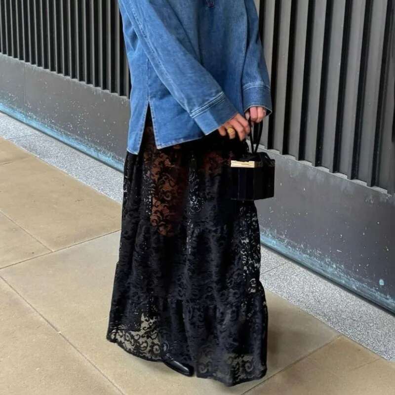 Women's High Waist Sexy See-Through Versatile Solid Casual Ral Patchwork Retro Lace Long Skirt