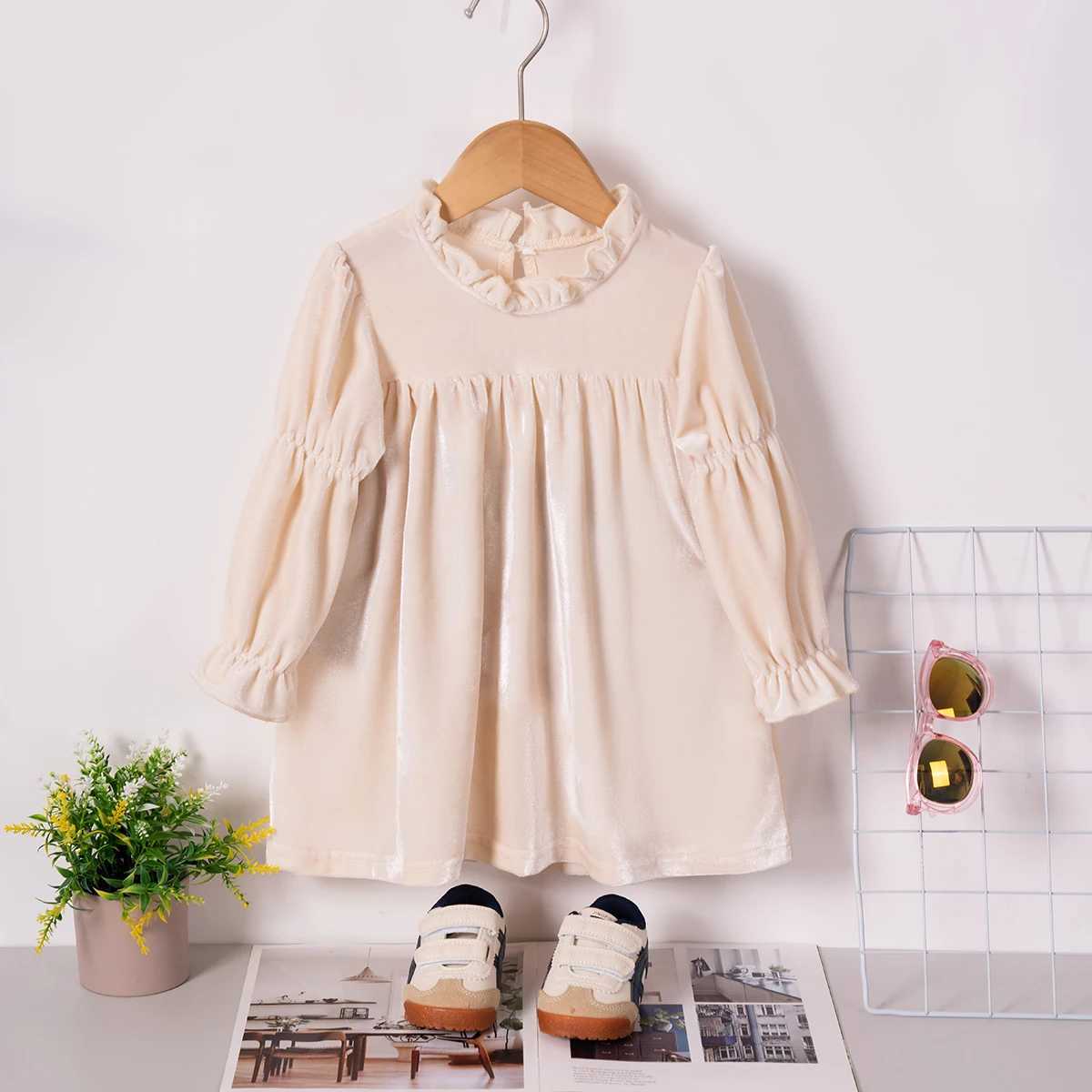 Autumn Young Girls Long Sleeve Dress 2024 New Solid Colour Velour Dress Sweet and Cute for Daily or Going Out WearXJ241206