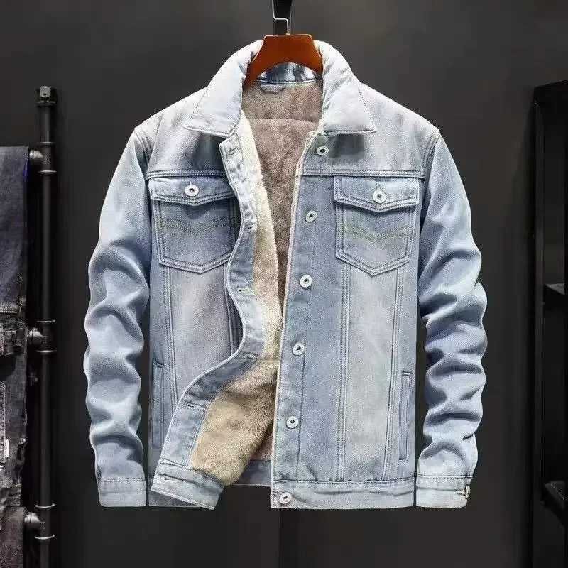 Men Coat Thick Denim Jackets Turn Down Collar Lamb Wool Coats Full Sleeve Casual Splice Single Breasted Jacket Autumn WinterXJ241206