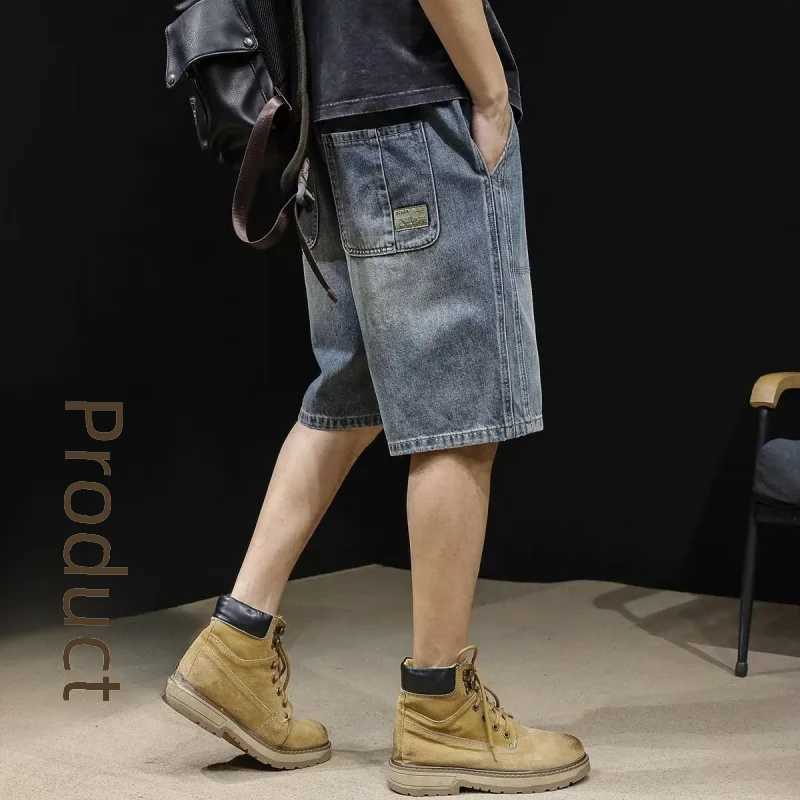 Mens Loose-fit Denim Shorts Casual Trendy Summer Fashion Light Blue Mid-length Five-minute Shorts For Men Riding BreechesXJ241206