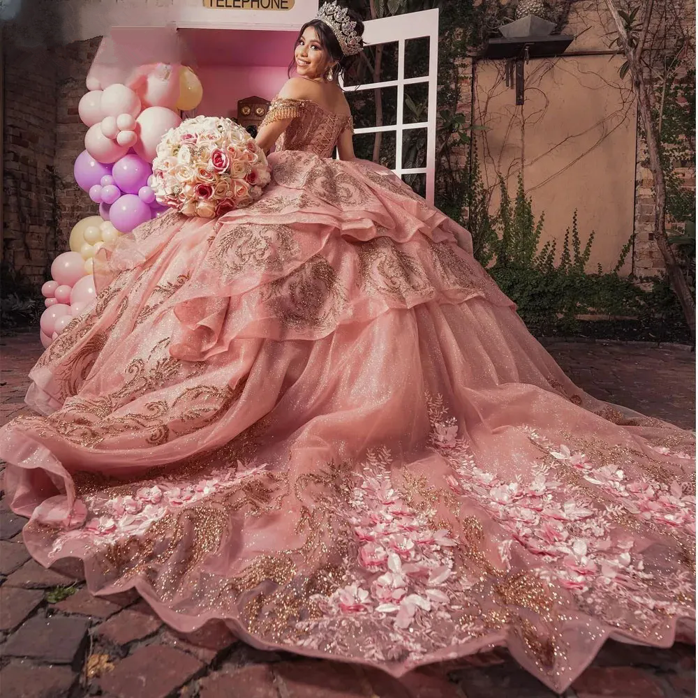 Pink Ral Appliques Princess Quinceanera Dress Shiny Birthday Ball Gown Or-Length Customized Dresses Vestidos De Novia 6660312