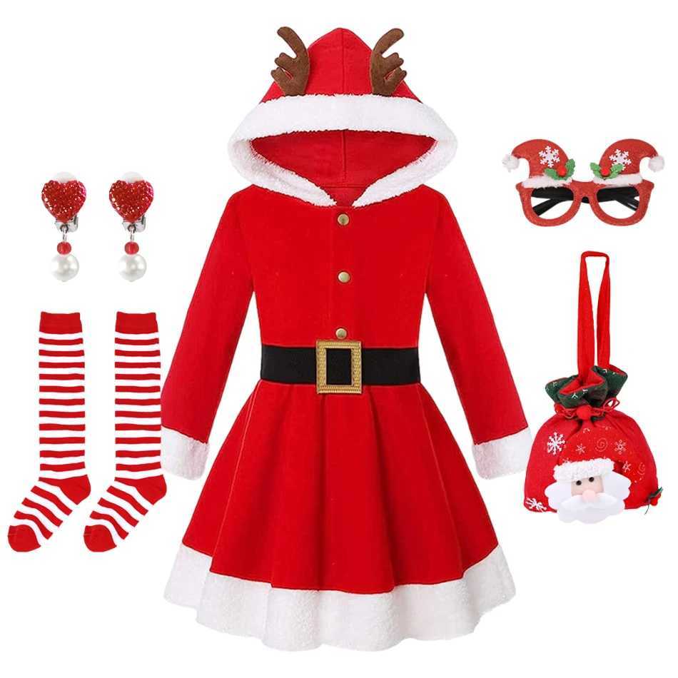 Girls Christmas Dress Hooded Long Sleeve Costume Festival Santa Clause Kids New Year Clothing Fancy Dress Xmas Par CostumeXJ241206