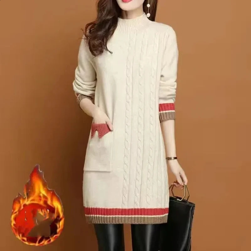 Womens Autumn Winter Thick Midlength Korean Commute Loose Half High Collar Patchwork Pocket Button Knitted Sweater Dresses 241205