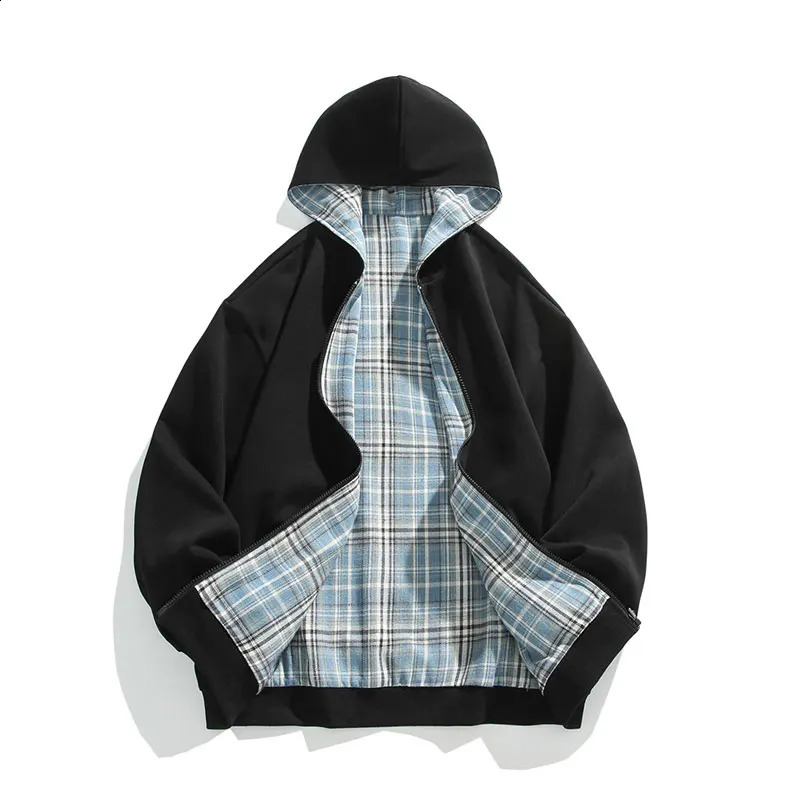 Reversible sweatshirt mens hooded cardigan trendy couple pattern hooded sweatshirt plain jacket autumn unisex hooded sweatshirt 241205