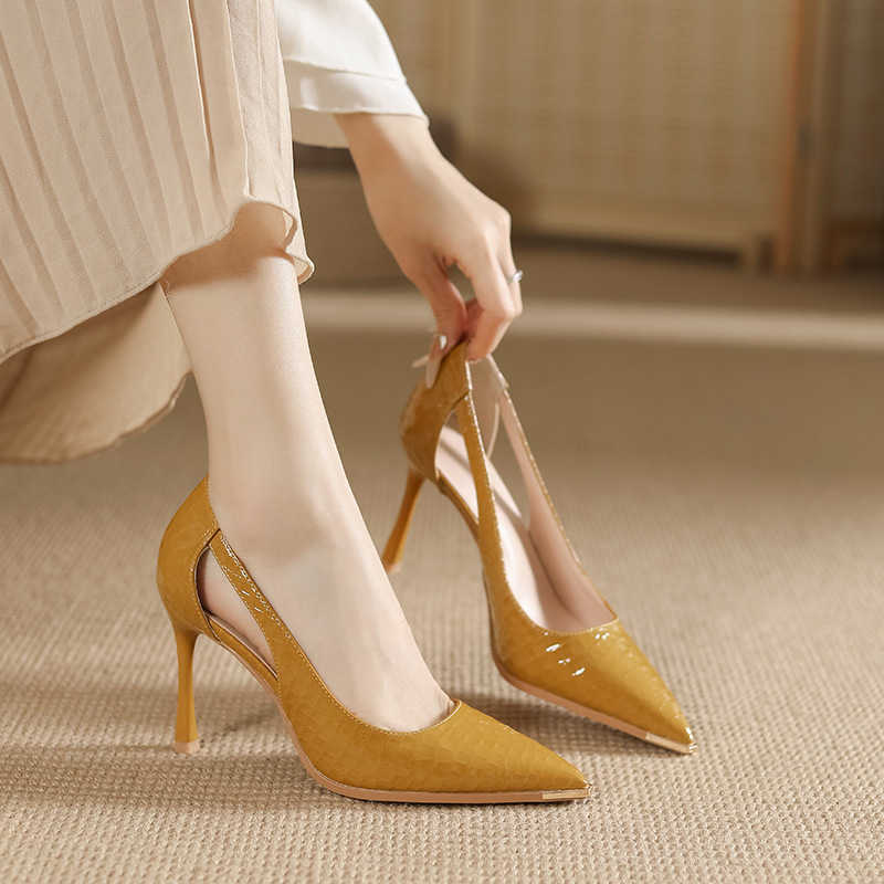 Stone Patterned Patent Leather Toe High Heeled Shoes Female Hollow Out Sexy Solid Color Commuting Work Heels Metal Pointed Toe Anti Kick