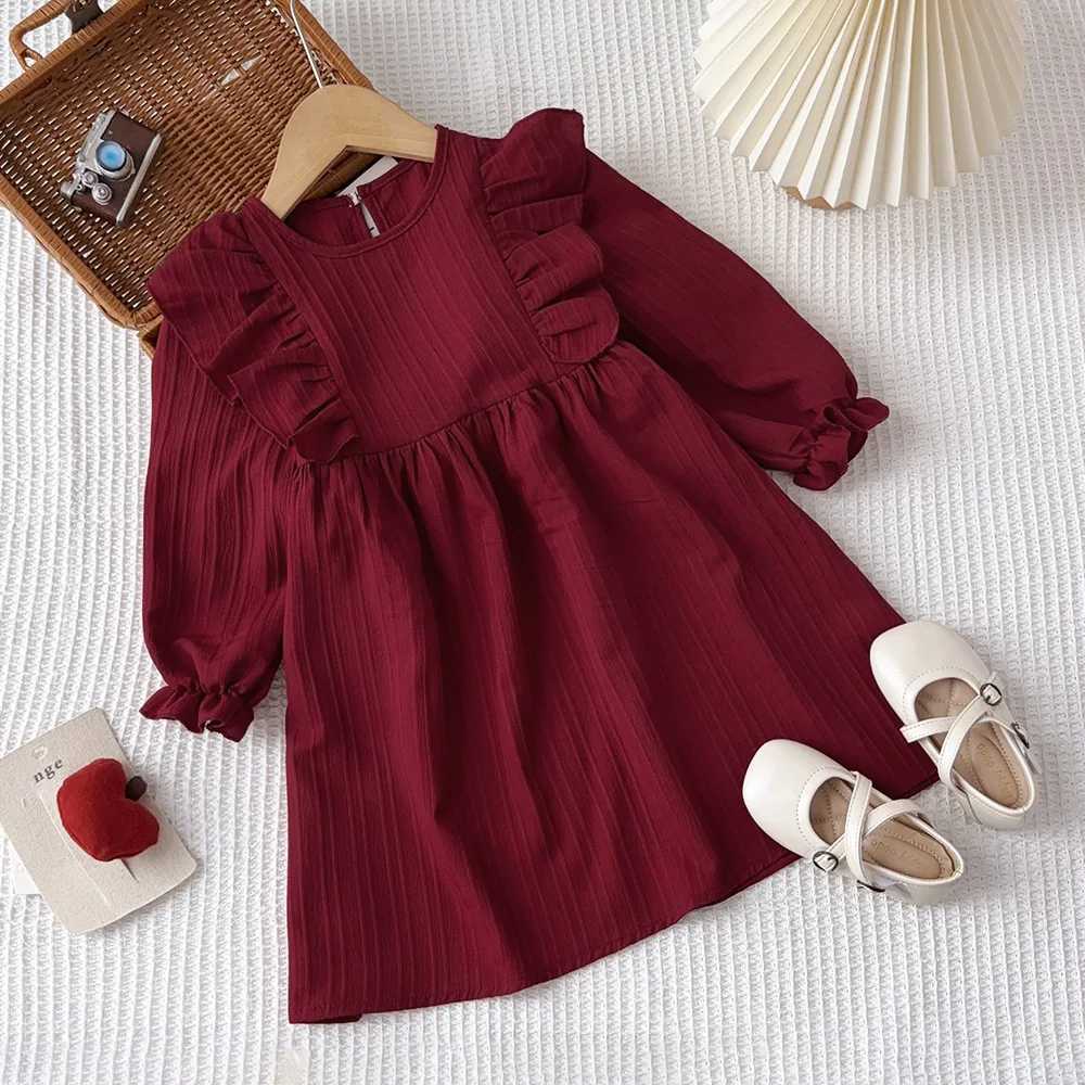 Autumn Kids Dresses for Girls Round Neck Long Sleeved Pleated Edge Solid Color Dress Kids Clothes Childrens Daily Casual WearXJ241206
