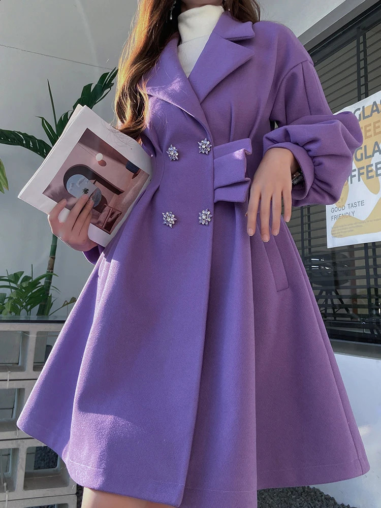 Dabuwawa elegant ultra-thin waist slimming lantern sleeve swing wool coat womens autumn and winter high-end purple cashmere coat 241205