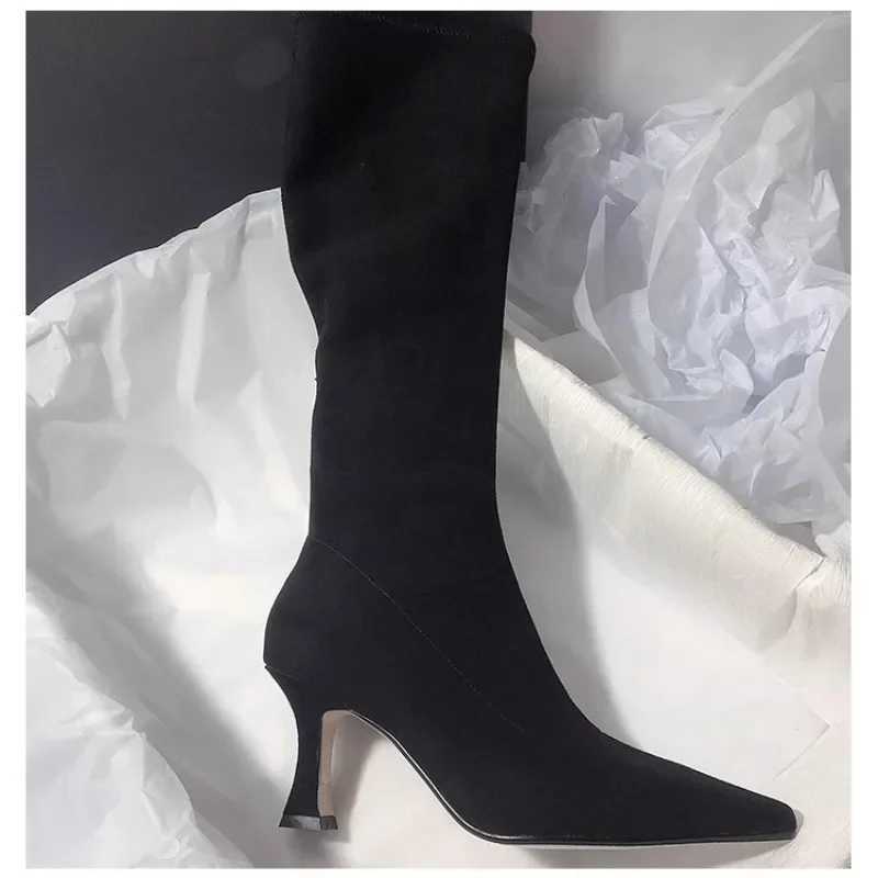 High Quality Pointed Toe Knee High Boots Sensual Thick Boots Wens Side Zipper Suede Elastic High H Modern Shoes Zapatos De Mujer T241206