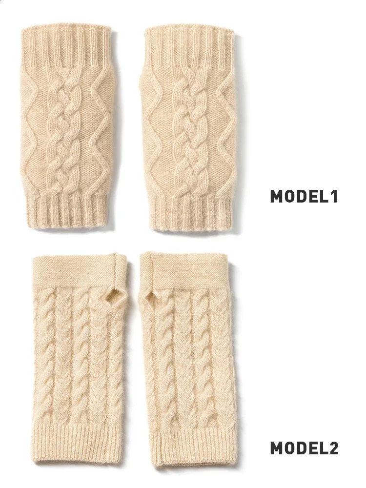 100% genuine cashmere autumn thick cable gloves no finger warmth wrist length thumb hole gloves classic womens elegant 241206