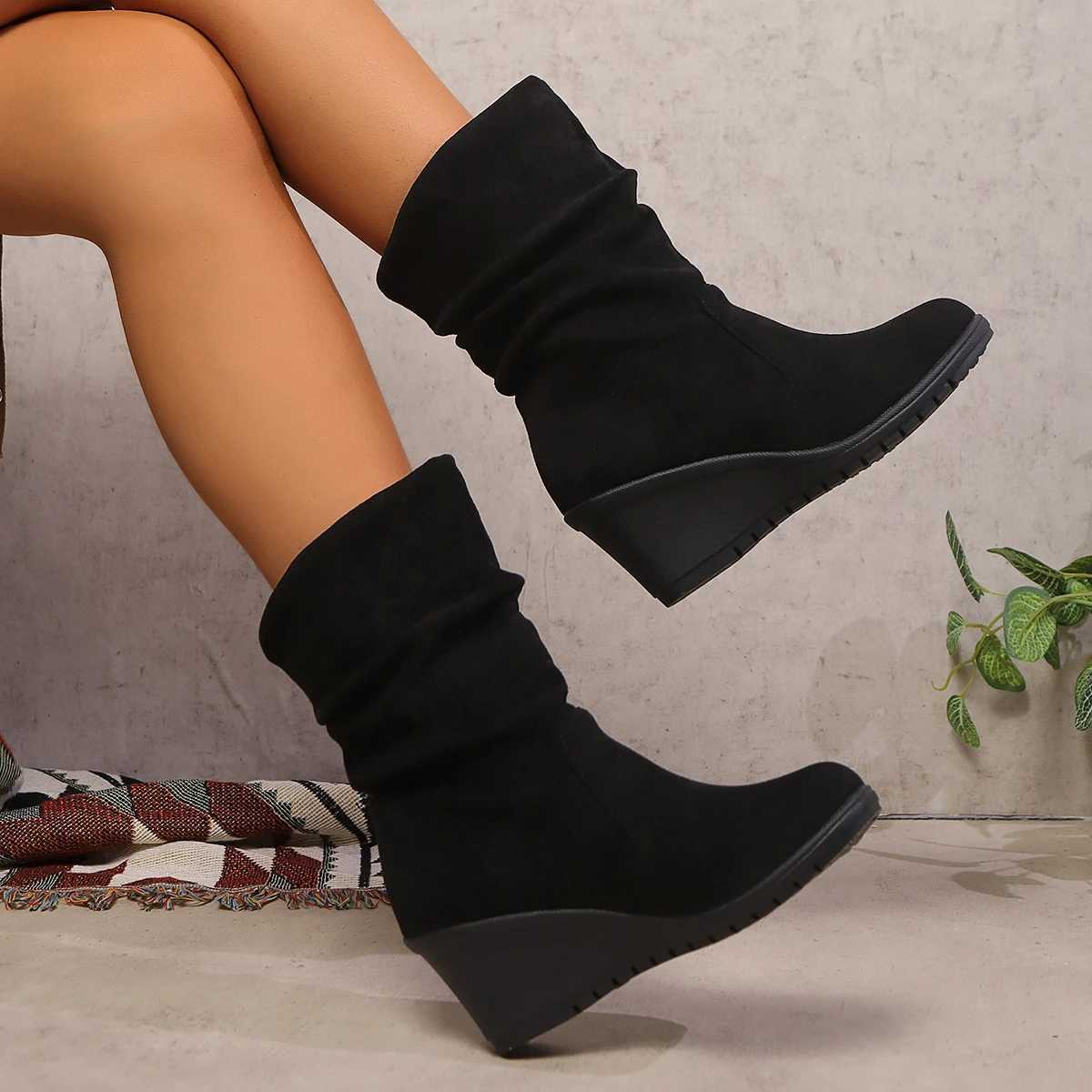 High Quality Wen Wedges Boots New Winter Fi Casual Shoes Suitable for Wen Elegant High H Round Head Platform Solid Color Boots Wen T241206